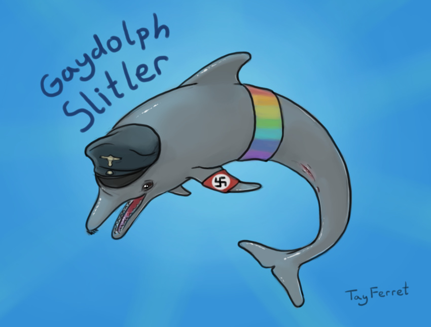 adolf_hitler ambiguous_gender animal_genitalia anus armband blue_background cetacean clothing delphinoid facial_hair genital_slit mammal marine mustache parody rainbow_symbol simple_background slit solo swastika tayferret toothed_whale uniform what why