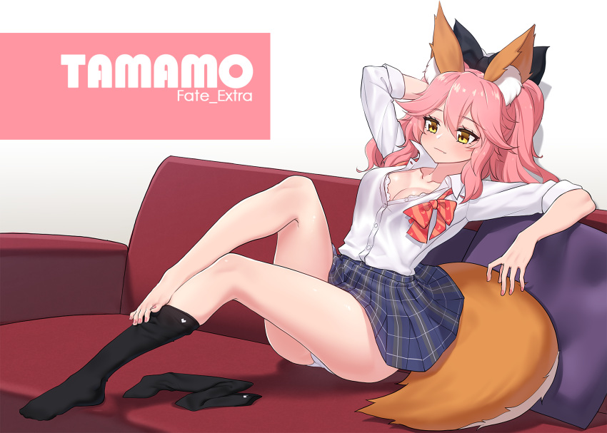 1girl animal_ear_fluff animal_ears arm_behind_head arm_up ass bangs barefoot black_bow black_legwear blue_skirt bow bowtie bra bra_peek breasts character_name cleavage collarbone collared_shirt copyright_name couch dress_shirt fate/extra fate_(series) fox_ears fox_girl fox_tail hair_between_eyes hair_bow highres large_breasts legwear_removed long_hair miniskirt narynn on_couch panties pillow pink_hair pleated_skirt ponytail reclining red_neckwear shirt shirt_tucked_in skirt smile socks solo striped striped_neckwear tail tamamo_(fate)_(all) tamamo_no_mae_(fate) thighs underwear white_background white_panties white_shirt yellow_eyes