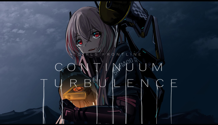 1girl bangs clothes_writing cloud copyright_name death_stranding english_text eyebrows_visible_through_hair fang girls_frontline haguruma_(hagurumali) headgear highres holding jacket long_hair long_sleeves m4_sopmod_ii_(girls_frontline) mechanical_arm megaphone multicolored_hair open_mouth outdoors parody pink_hair prosthesis prosthetic_arm red_eyes ro635_(dinergate) sky solo streaked_hair