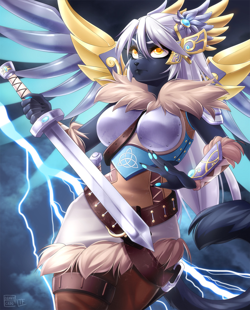 2019 anthro armor belt black_body black_fur blizzard_entertainment breasts cosplay dannyckoo domestic_cat felid feline felis female fur hair hi_res holding_object holding_sword holding_weapon lightning mammal melee_weapon mercy_(overwatch) overwatch solo sword tresertf video_games weapon white_hair wings yellow_eyes