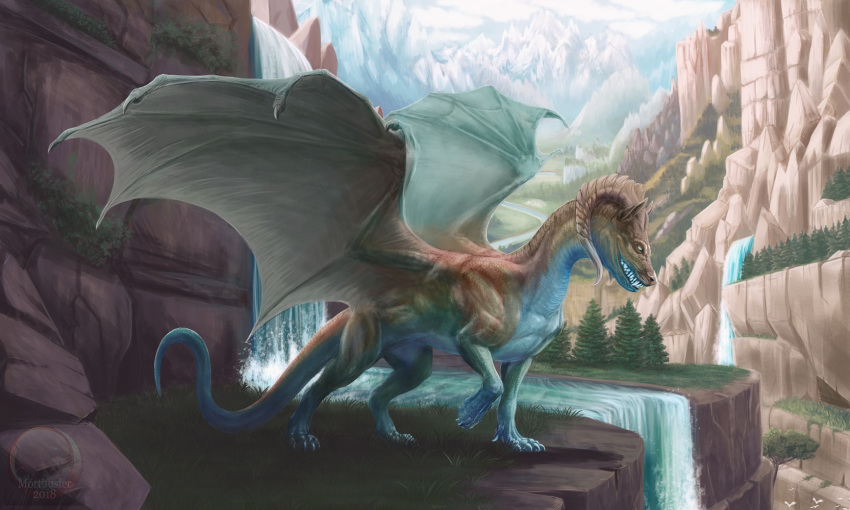2018 amazing_background ambiguous_gender archspirigvit claws day detailed_background digital_media_(artwork) dragon feral full-length_portrait grass hi_res horn invalid_color invalid_color_(tan) invalid_tag membrane_(anatomy) membranous_wings outside portrait scalie solo tree waterfall western_dragon wings