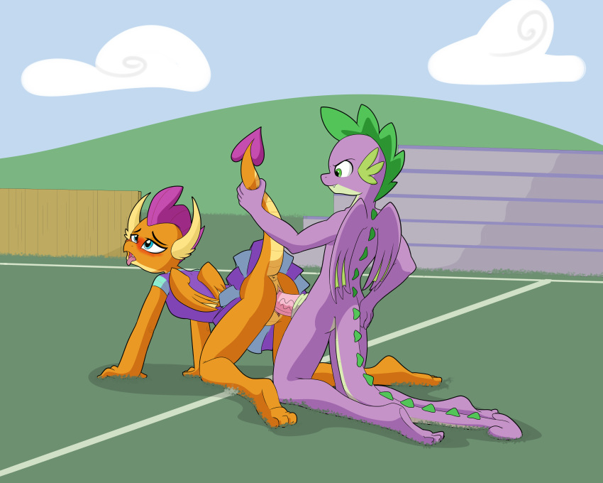 5:4 absurd_res anthro blush chedx cheerleader dragon female football_field friendship_is_magic hi_res imax male male/female my_little_pony penis pussy school smolder_(mlp) spike_(mlp) superabsurd_res tail_grab young