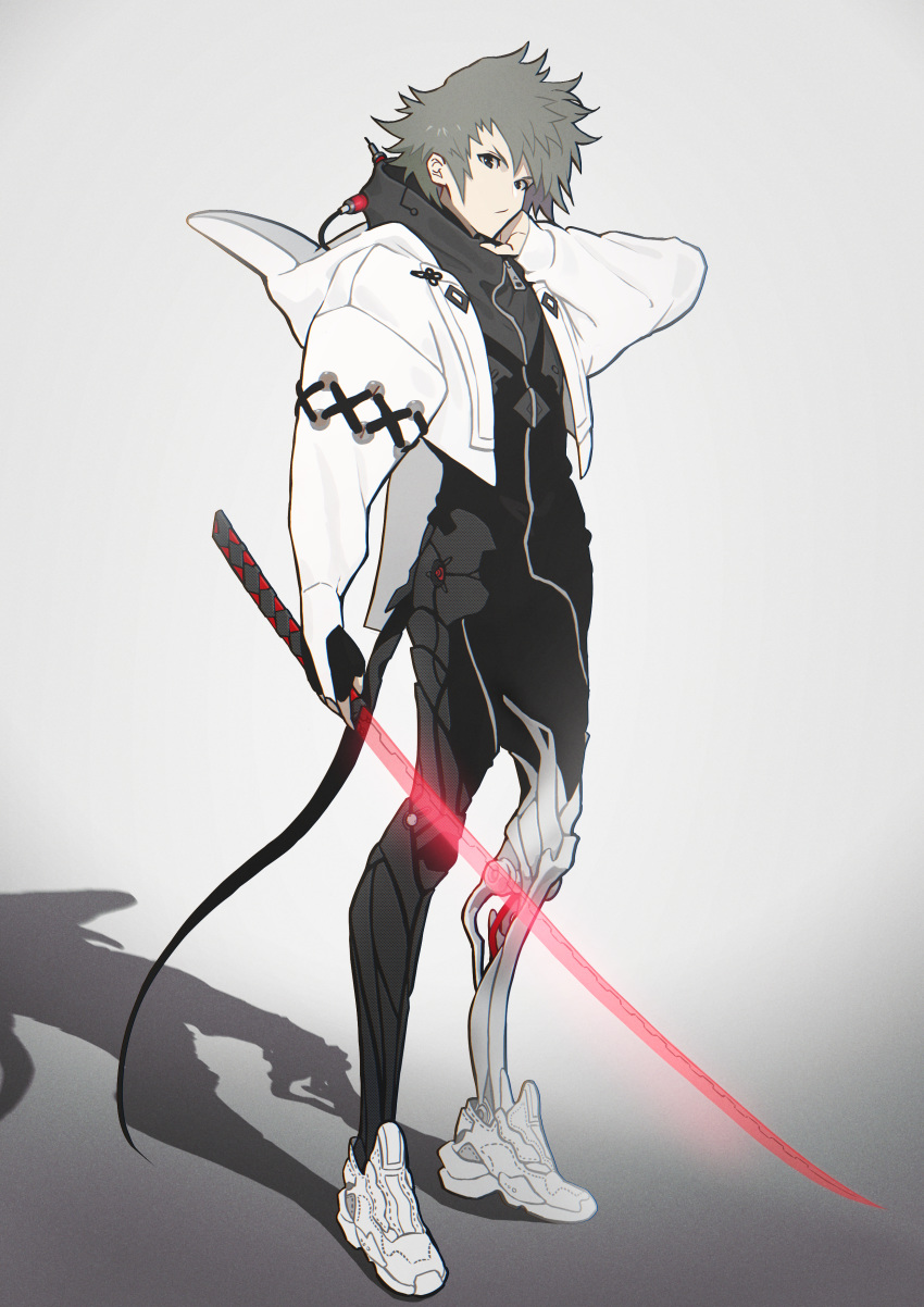 1boy absurdres black_gloves black_hair black_hoodie eito_nishikawa energy_sword fingerless_gloves gloves grey_hair highres holding holding_sword holding_weapon hood hood_down hoodie mecha mechanical mechanical_legs original shoes sneakers solo sword tail weapon white_hoodie zipper zipper_pull_tab