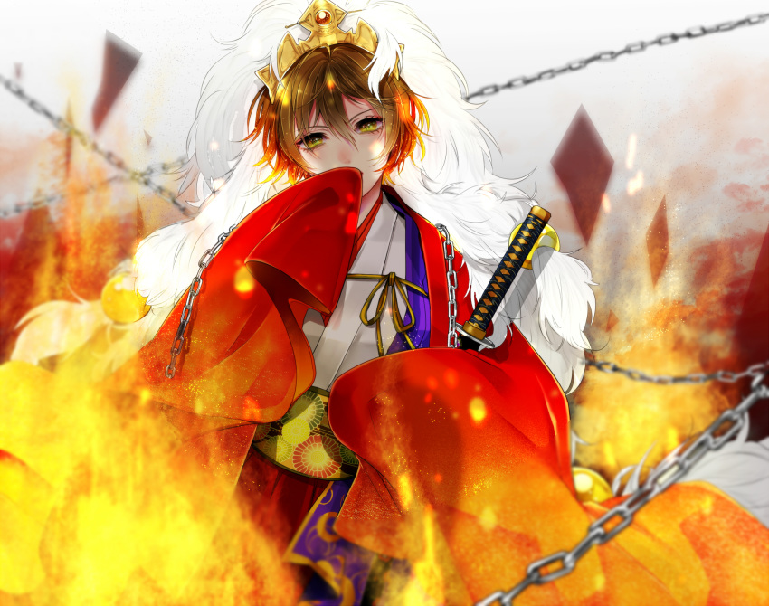 1girl blurry brown_hair chain covered_mouth cowboy_shot crown depth_of_field diamond_(shape) fire gem green_eyes hair_between_eyes hand_to_own_mouth highres itoko_(i_t_k) japanese_clothes katana kikumon kimono long_sleeves looking_at_viewer meiko pelt short_hair sleeves_past_fingers sleeves_past_wrists solo sphere sword vocaloid weapon