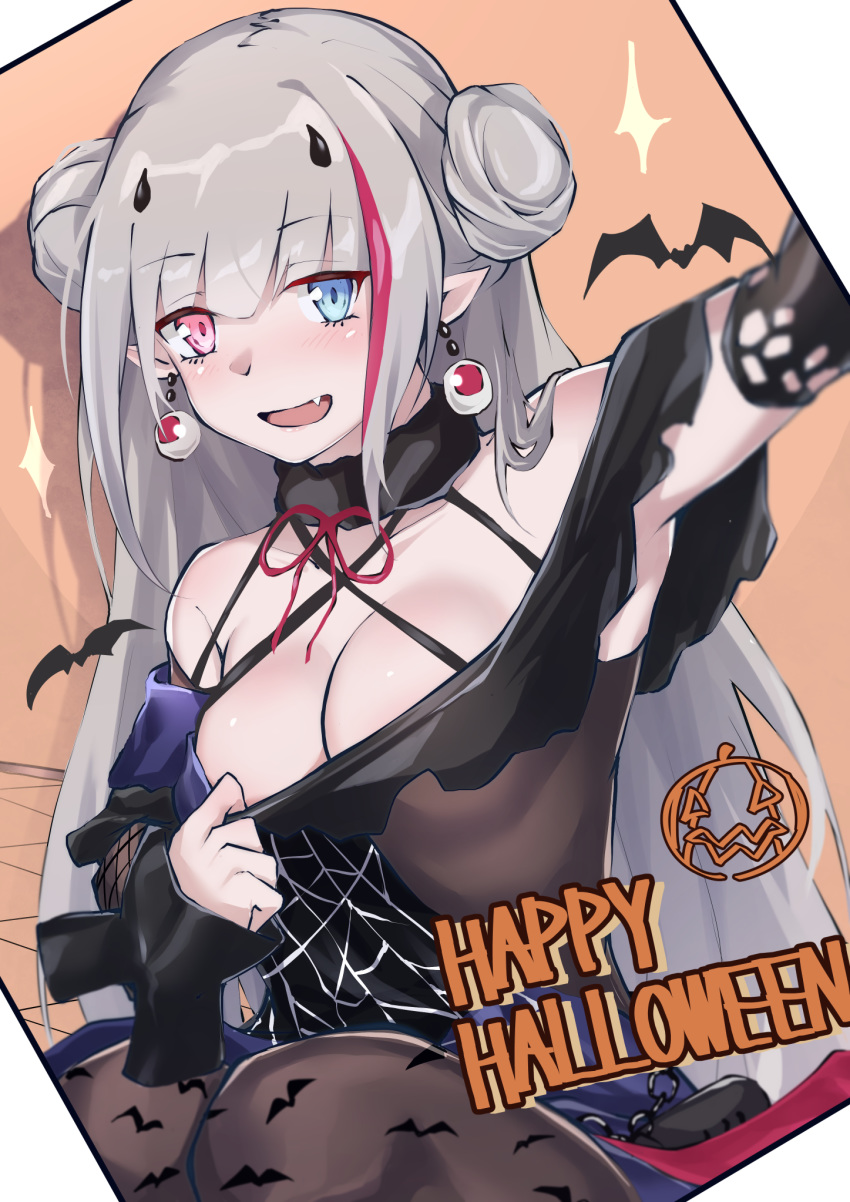 1girl bangs bare_shoulders bat black_dress blue_eyes blush breasts collarbone commentary double_bun dress earrings eyeball eyebrows_visible_through_hair fang flugel_(kaleido_scope-710) girls_frontline halloween heterochromia highres jewelry long_hair looking_at_viewer mdr_(girls_frontline) medium_breasts multicolored_hair pink_eyes pink_hair pointy_ears sidelocks silver_hair solo upper_body vampire