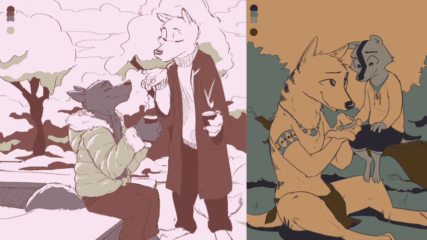 16:9 2019 anthro arm_tuft armband badger barefoot blowing_kiss bottomwear canid canine canis cheek_tuft clothed clothing color_swatch disney disposable_cup duo elbow_tufts eyes_closed face_tuft fan_character gary_(zootopia) head_tuft hi_res hoodie hyaenid ittybittykittytittys jacket jewelry knee_tuft larry_(zootopia) leg_tuft loincloth male mammal multiple_images mustelid musteline necklace open_jacket outside ozzy_(weaver) pack_street pants plant restricted_palette scarf shirt shrub sitting snow t_rex_(weaver) topwear tree tuft wolf zootopia