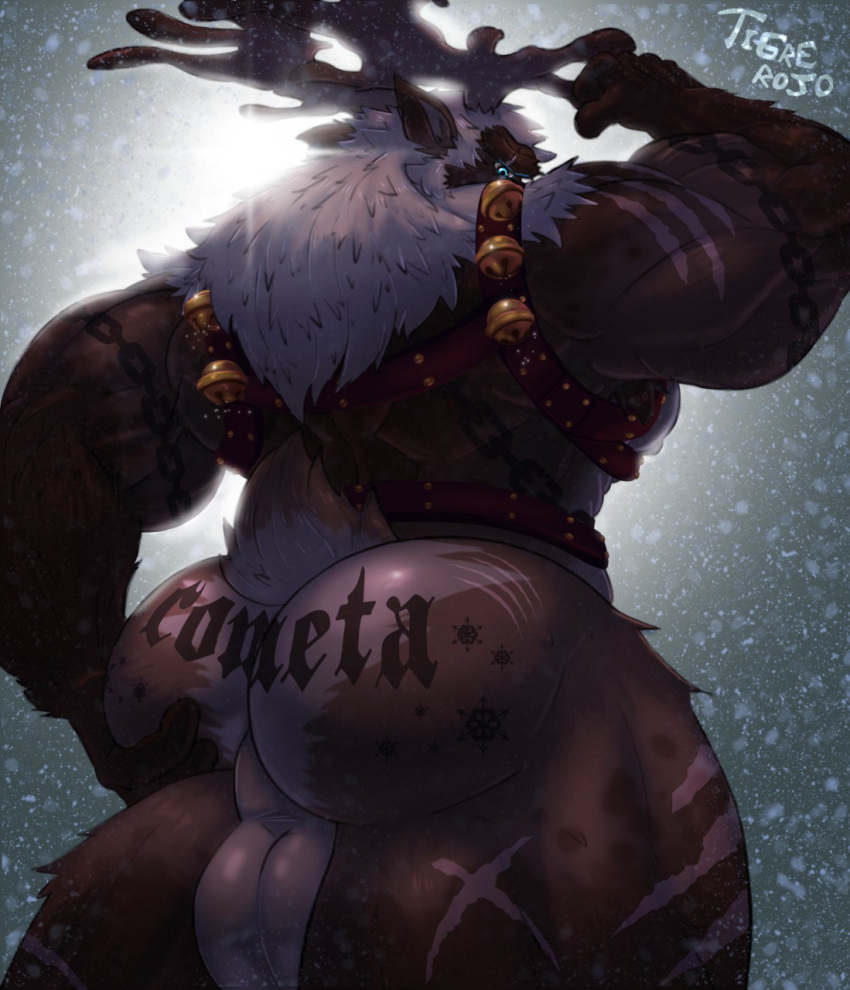 1397_david anthro antlers backsack balls big_muscles brown_body brown_fur butt capreoline cervid comet_(reindeer) digital_media_(artwork) fur hi_res horn male mammal muscular muscular_male nude reindeer sack scar solo tattoo