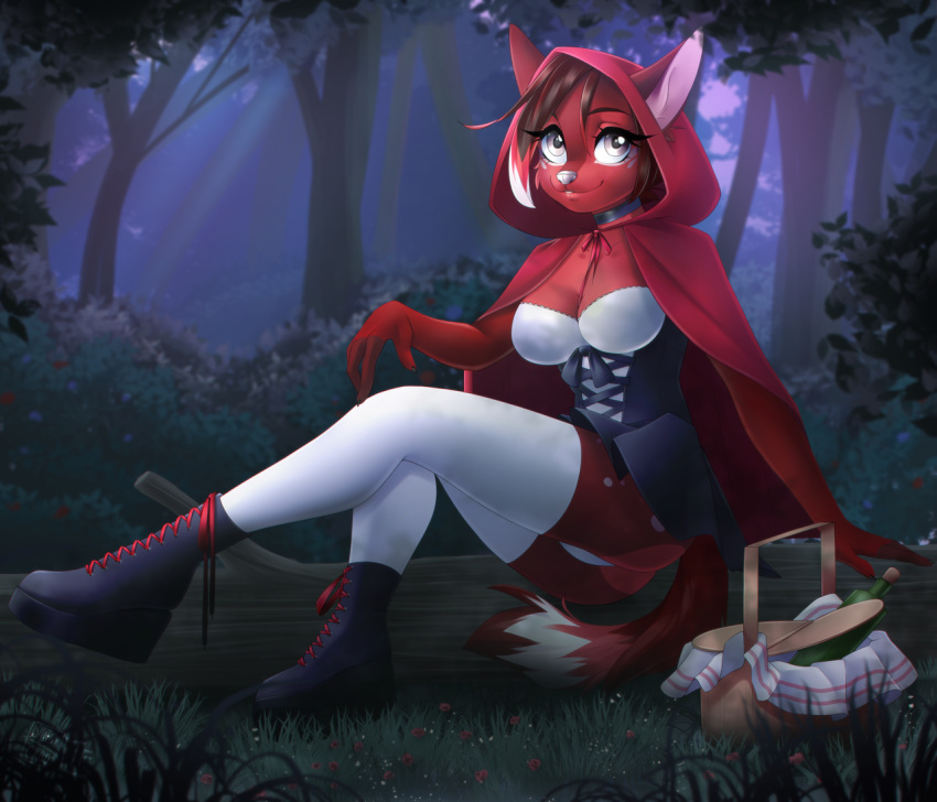 2018 amelia_(chikachi) anthro biped boots bottle breasts brown_hair butt canid canine canis choker clothing corset cosplay dannyckoo detailed_background female footwear forest grass hair hood jewelry legwear lingerie little_red_riding_hood little_red_riding_hood_(copyright) log mammal necklace night red_body sitting smile solo stockings tree tresertf underwear wolf wood