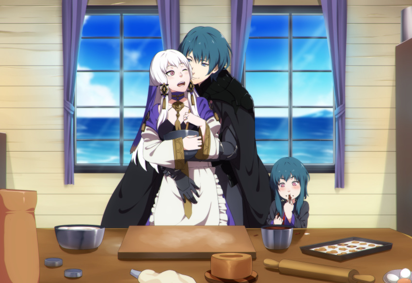 1boy 2girls apron baby baking bowl byleth_(fire_emblem) byleth_(fire_emblem)_(male) child closed closed_eyes cookie cooking couple dannex009 family father_and_daughter fire_emblem fire_emblem:_three_houses food green_hair happy hetero highres hug hug_from_behind husband_and_wife if_they_mated lysithea_von_ordelia mother_and_daughter multiple_girls ocean pastry pastry_bag white_hair window xennad_eulano