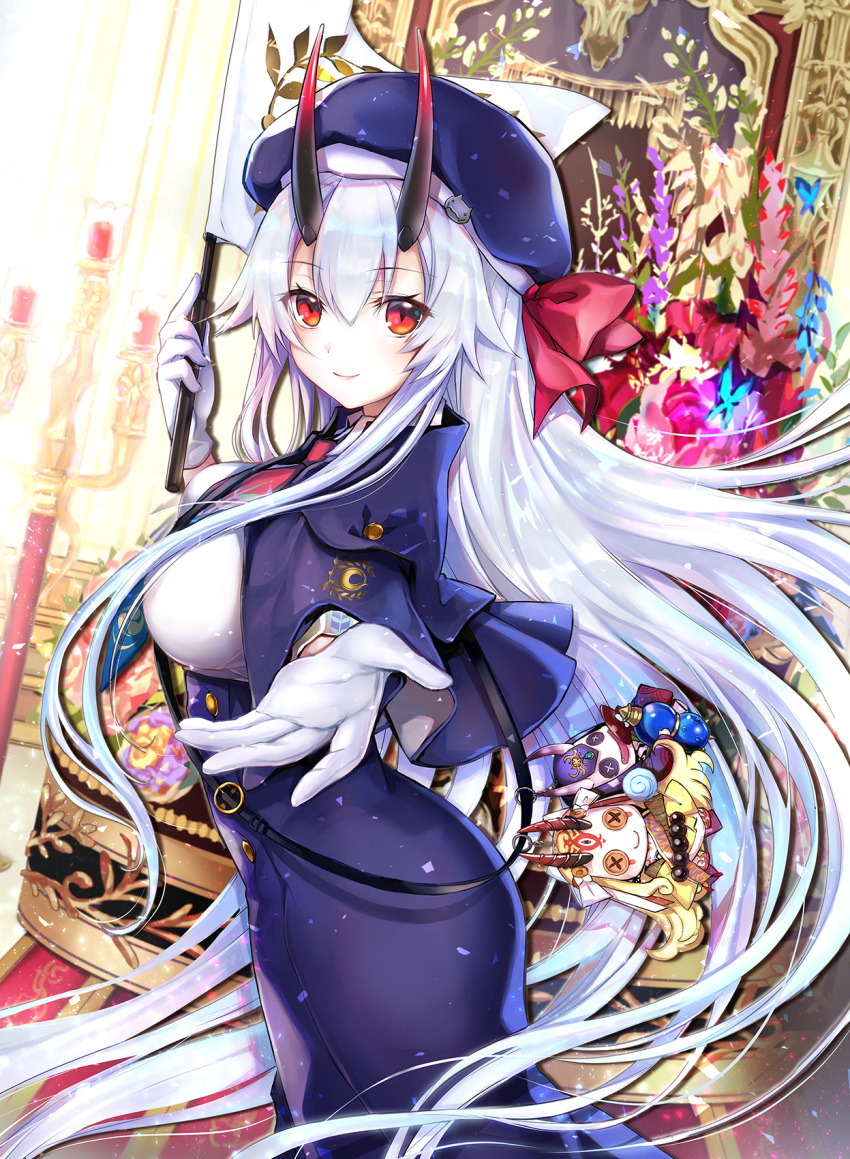1girl black_horns breasts candelabra character_doll commentary_request dress eyelashes fate/grand_order fate_(series) flag gloves gradient_horns gradient_neckwear graphite_(medium) hair_between_eyes hat hat_ribbon heroic_spirit_festival_outfit highres holding holding_flag ibaraki_douji_(fate/grand_order) long_dress long_hair mechanical_pencil medium_breasts mintes necktie oni_horns outstretched_hand pencil purple_capelet purple_dress purple_headwear purple_neckwear red_eyes red_horns red_neckwear red_ribbon ribbon shirt shoulder_strap shuten_douji_(fate/grand_order) silver_hair single_sidelock smile solo sunshine_creation tomoe_gozen_(fate/grand_order) traditional_media very_long_hair white_flag white_gloves white_shirt