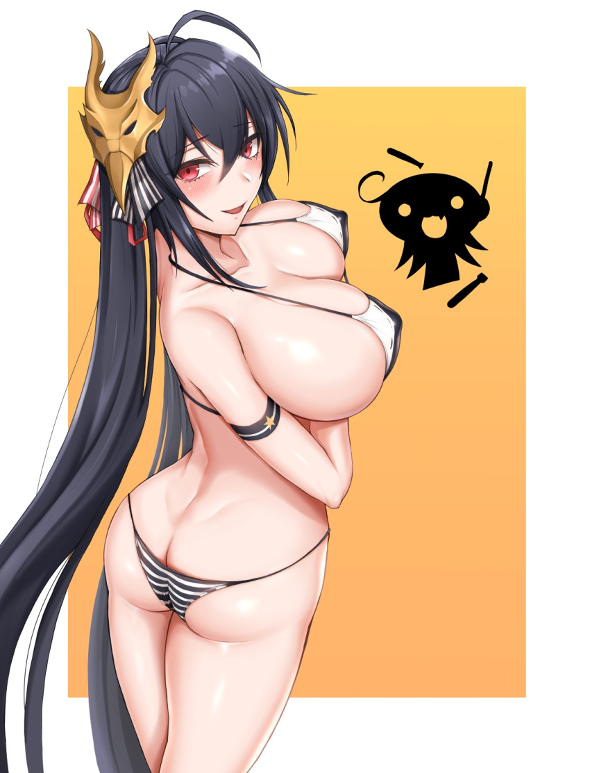 1girl ahoge albacore_(azur_lane) albacore_(azur_lane)_(cosplay) arm_strap arm_under_breasts ass azur_lane bangs bare_shoulders bikini black_bikini black_hair blush breasts cleavage collarbone cosplay covered_nipples cowboy_shot eyebrows_visible_through_hair from_behind hair_between_eyes highres huge_breasts large_breasts long_hair looking_at_viewer looking_back mask mask_on_head r_k_kn red_eyes shiny shiny_skin skindentation smile solo striped striped_bikini swimsuit taihou_(azur_lane) twintails very_long_hair white_bikini