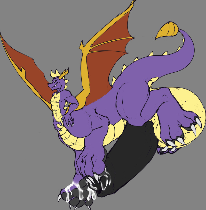 2019 4_toes activision balls black_paws bodily_fluids cum dragon dragon_taur fluffyblarg genital_fluids hi_res horn hyper hyper_penis male nude orange_wings penis purple_body purple_skin scales simple_background slinkydragon_(colorist) solo spyro spyro_the_dragon taur toes video_games wings yellow_body yellow_horn yellow_scales