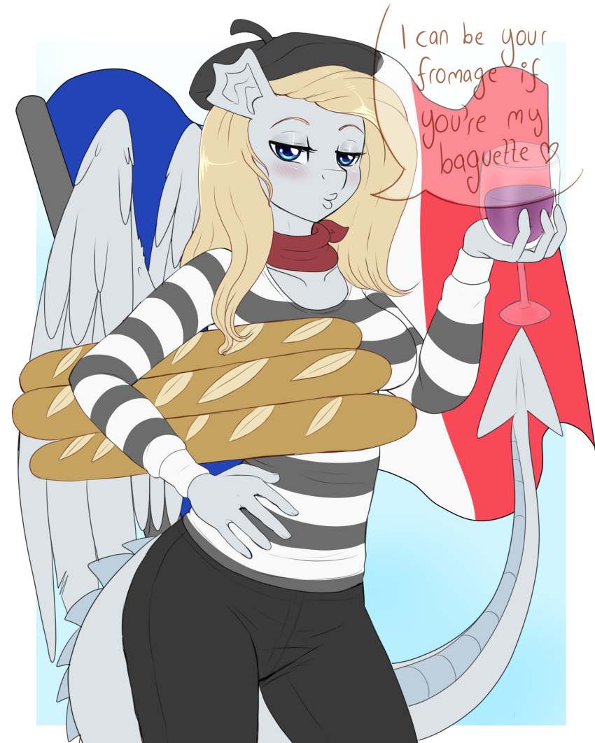 2018 alcohol anthro ardana_(oc) baguette beret beverage blue_eyes blush bread clothing dialogue dracony dragon english_text equine evomanaphy fan_character female flirting food french french_flag glass hat horse hybrid looking_at_viewer mammal my_little_pony pony solo speech_bubble text wine wine_glass