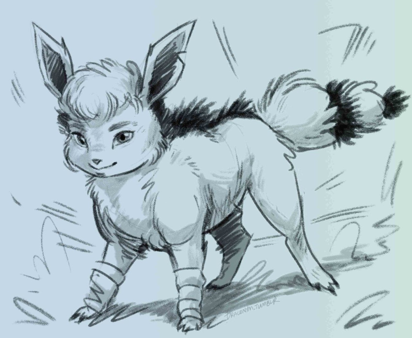 80's_theme 80s_hair a-ha abstract_background ambiguous_gender arm_warmers armwear cheek_tuft clothing draconym eevee eeveelution face_tuft fak&eacute;mon feral fluffy fluffy_tail graphite_(artwork) humor looking_at_viewer nintendo notched_ear parody pencil_(artwork) pok&eacute;mon pok&eacute;mon_(species) pompadour pun smile style_parody take_on_me traditional_media_(artwork) tribute tuft video_games