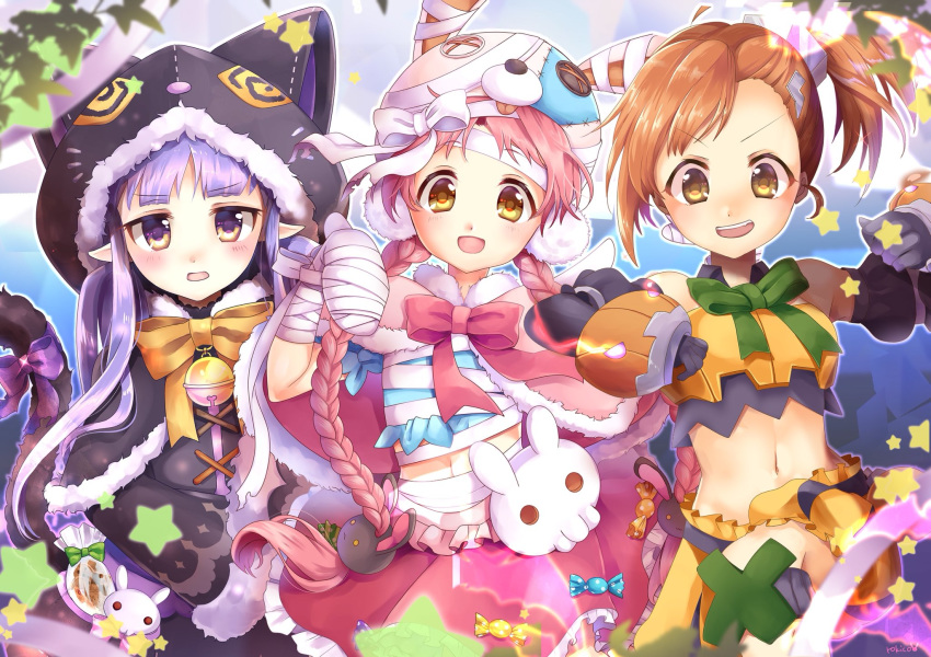 3girls :d akane_mimi animal_ears animal_hat animal_hood bandaged_arm bandaged_hands bandages bangs black_capelet black_gloves black_jacket black_skirt blush bow braid brown_bow brown_eyes brown_hair bunny_ears bunny_hair_ornament bunny_hat capelet cat_ears cat_girl cat_hood cat_tail commentary_request crop_top eyebrows_visible_through_hair fake_animal_ears fur-trimmed_capelet fur-trimmed_hood fur-trimmed_sleeves fur_trim girl_sandwich gloves green_bow hair_ornament hat highres hikawa_kyoka hodaka_misogi hood hood_up hooded_capelet jacket lightning_bolt lightning_bolt_hair_ornament long_hair long_sleeves midriff multiple_girls navel open_mouth orange_shorts pink_capelet pink_hair pink_headwear princess_connect! princess_connect!_re:dive puffy_shorts purple_bow purple_hair rokico sandwiched short_shorts shorts side_ponytail skirt smile standing standing_on_one_leg star tail tail_bow tail_raised twin_braids twintails upper_teeth very_long_hair