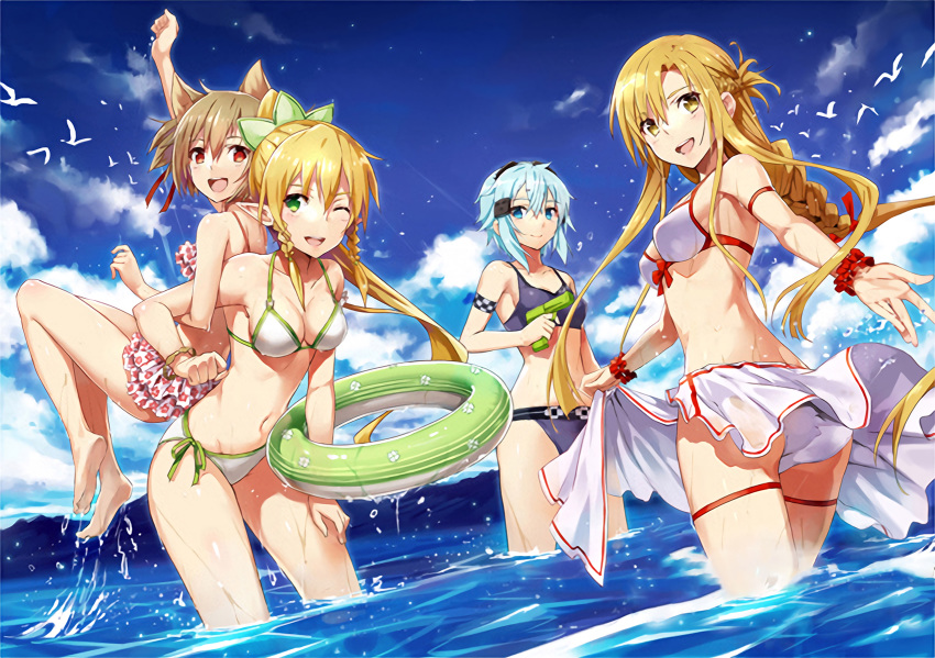 4girls :d ;d animal_ears arm_up armband asuna_(sao) barefoot bikini bikini_skirt bird black_bikini blonde_hair blue_eyes blue_hair blue_sky braid braided_ponytail breasts brown_eyes brown_hair cat_ears cleavage closed_mouth cloud collarbone crown_braid day floating_hair frilled_skirt frills green_eyes groin gun hair_between_eyes hair_ribbon hand_on_lap high_ponytail highres holding holding_gun holding_innertube holding_weapon innertube leafa long_hair medium_breasts miniskirt multiple_girls navel ocean official_art one_eye_closed open_mouth outdoors ponytail print_bikini red_eyes red_ribbon ribbon sarong short_hair side-tie_bikini sideboob sidelocks silica silica_(sao-alo) sinon skirt sky smile soles swimsuit sword_art_online thigh_strap twin_braids very_long_hair water_gun weapon white_bikini wrist_cuffs