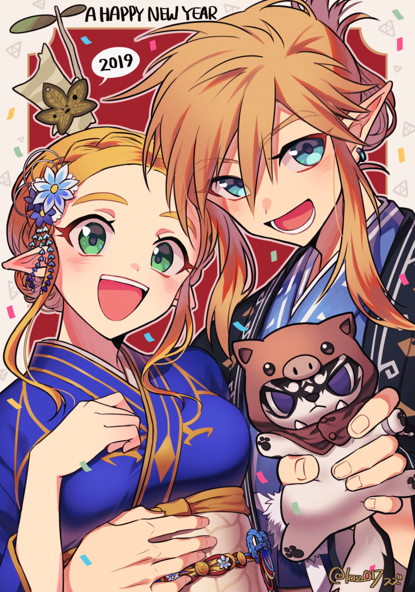 1boy 1girl 2019 :d alternate_costume alternate_hairstyle arm_around_waist blonde_hair blue_eyes blue_flower blue_kimono blush braid breasts confetti creature crown_braid earrings flower forehead green_eyes hair_flower hair_ornament hand_on_own_chest happy_new_year heart highres holding japanese_clothes jewelry kimono korok link long_sleeves looking_at_viewer loz_017 medium_breasts new_year open_mouth pointy_ears princess_zelda sidelocks smile the_legend_of_zelda the_legend_of_zelda:_breath_of_the_wild thick_eyebrows twitter_username upper_body upper_teeth yukata