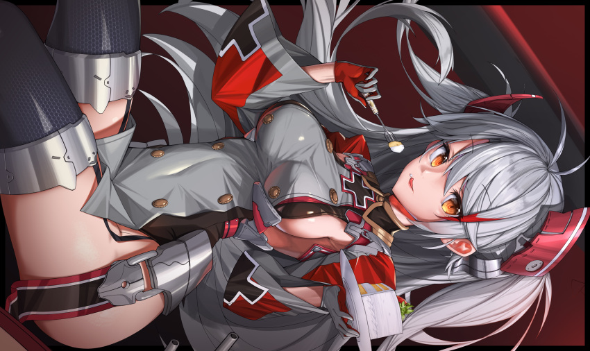 1girl :p absurdres antenna_hair azur_lane bangs bare_hips breasts cake double-breasted dress dutch_angle eyebrows_visible_through_hair food food_on_face fork garter_straps gloves grey_dress grey_gloves grey_legwear hair_between_eyes headgear highres holding holding_plate honeycomb_(pattern) iron_cross kyudong. large_breasts long_hair long_sleeves looking_at_viewer multicolored_hair orange_eyes plate prinz_eugen_(azur_lane) red_hair short_dress sideboob silver_hair sitting slice_of_cake smile solo streaked_hair swept_bangs thighhighs tongue tongue_out two_side_up very_long_hair