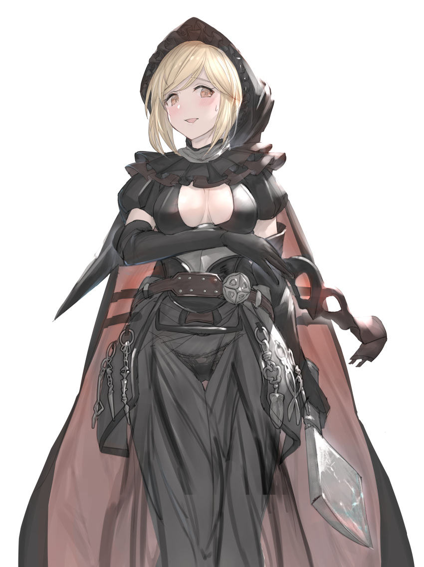 1girl :d absurdres bangs black_dress black_gloves black_panties blonde_hair blush breasts brown_eyes cape cleavage djeeta_(granblue_fantasy) dress elbow_gloves gloves granblue_fantasy highres holding looking_at_viewer medium_breasts milli_little open_mouth panties see-through short_hair simple_background smile solo standing sweatdrop swept_bangs thigh_gap underwear white_background