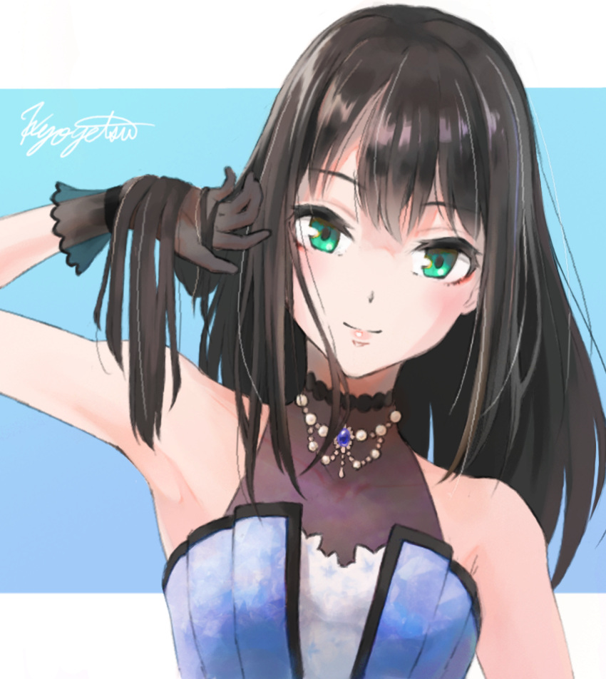 1girl black_gloves black_hair blue_background closed_mouth eternal_bloom_(idolmaster) gloves green_eyes hand_in_hair highres idolmaster idolmaster_cinderella_girls jewelry k_concord long_hair looking_at_viewer necklace see-through shibuya_rin shiny shiny_hair signature smile solo two-tone_background upper_body white_background