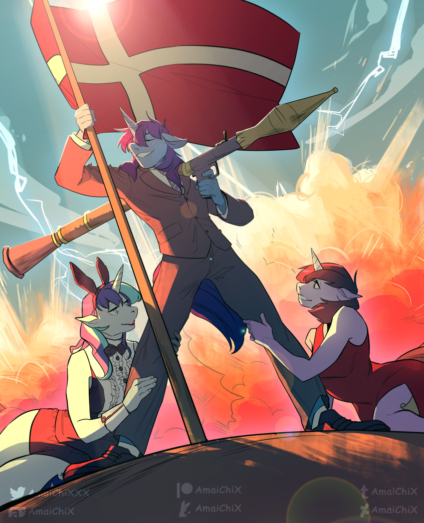 absurd_res amaichix anthro crossgender danish_flag equid equine fan_character female friendship_is_magic gleaming_shield group hi_res horse male mammal my_little_pony pony ranged_weapon rocket_launcher shining_armor_(mlp) weapon