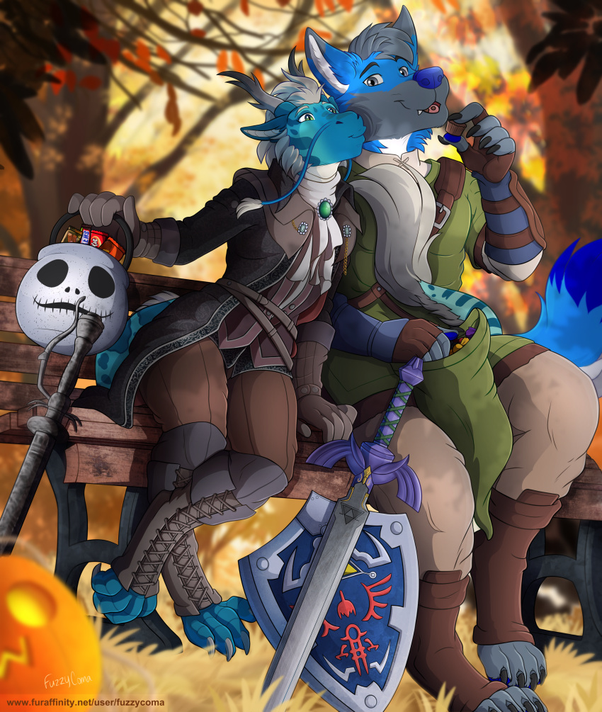 2019 absurd_res anthro aquatic_dragon armor autumn blue_body blue_fur candy canid canine canis chocolate clothed clothing cosplay costume digital_media_(artwork) dragon food fur fuzzycoma halloween hi_res holidays kissing leaf link male mammal marine melee_weapon nintendo outside princess_zelda shiro smile sword the_legend_of_zelda umbra_(disambiguation) video_games weapon wolf