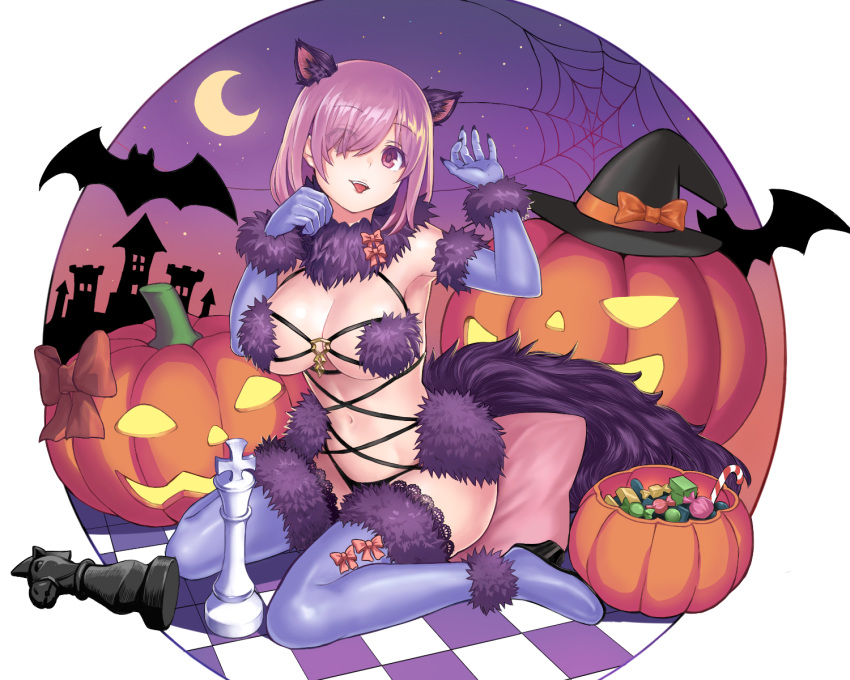 1girl :d animal_ears armpits bare_shoulders bat board_game boots breasts candy candy_cane castle checkered checkered_floor chess chess_piece chessboard claw_pose claws cleavage crescent_moon dangerous_beast elbow_gloves fate/grand_order fate_(series) food full_body fur-trimmed_bra fur-trimmed_collar fur-trimmed_gloves fur-trimmed_legwear fur_trim gloves halloween halloween_costume hands_up hat high_heel_boots high_heels highres hirono_(hxze4434) large_breasts looking_at_viewer mash_kyrielight medium_hair midriff moon navel night night_sky open_mouth pumpkin purple_eyes purple_hair purple_legwear revealing_clothes seiza silk sitting sky smile solo spider_web star_(sky) starry_sky sweets tail thigh_boots thighhighs upper_teeth witch_hat