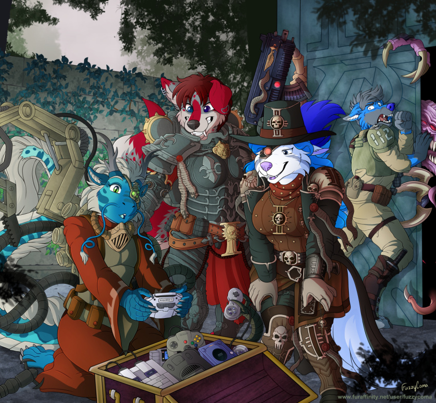 2019 40k anthro aquatic_dragon armor blue_body blue_fur canid canine canis digital_media_(artwork) domestic_dog dragon fur fuzzycoma hammer husky inquisitor mammal marine nordic_sled_dog reesa shiro spitz tools treasure umbra_(disambiguation) video_games warhammer warhammer_(franchise) warhammer_40000 wolf