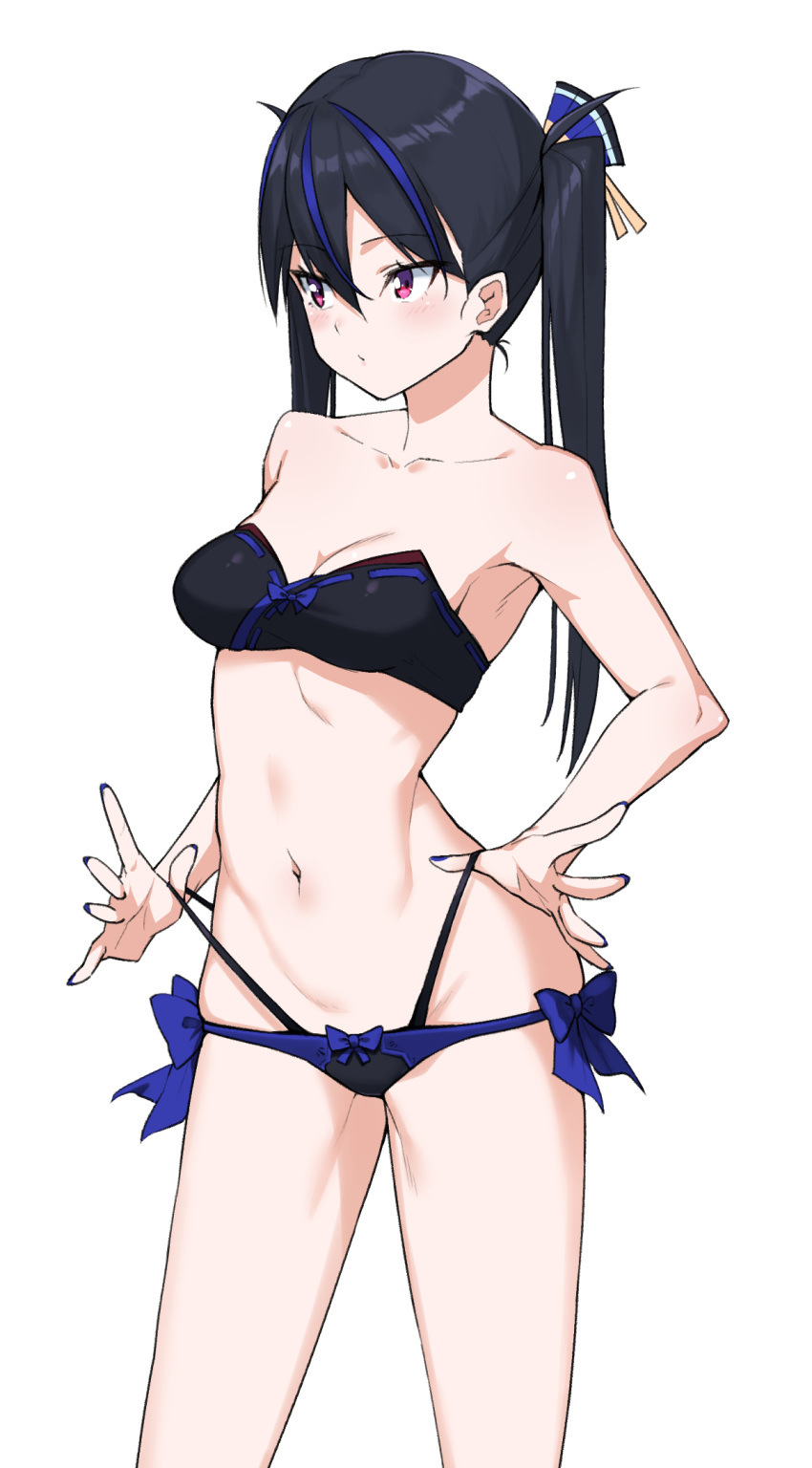 1girl bare_arms bare_shoulders black_bra black_hair black_panties blue_hair blue_nails blush bow bow_bra bow_panties bra breasts cleavage closed_mouth collarbone fingernails ginopi groin hair_ornament highres lifted_by_self long_hair looking_away looking_to_the_side medium_breasts multicolored_hair nail_polish navel original panties red_eyes ribbon-trimmed_bra ribbon_trim simple_background solo strap_lift strapless strapless_bra streaked_hair twintails underwear underwear_only white_background