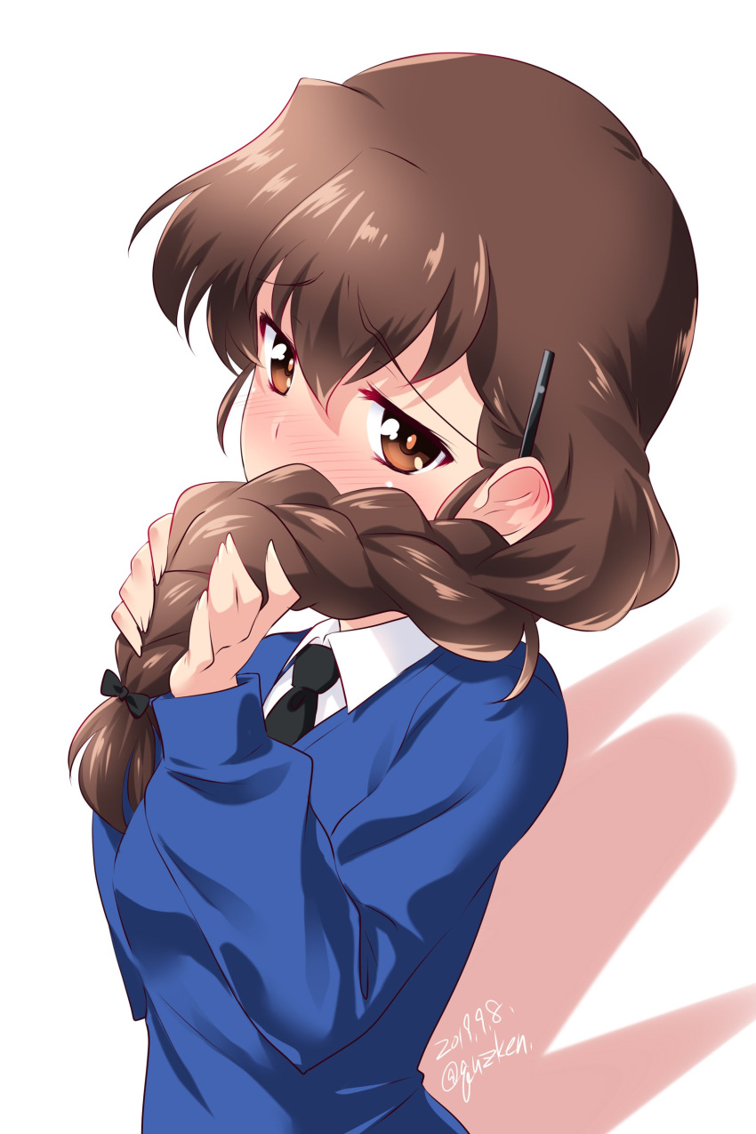 1girl absurdres bangs black_neckwear black_ribbon blue_sweater blush braid brown_eyes brown_hair commentary covering_mouth dated dress_shirt embarrassed eyebrows_visible_through_hair girls_und_panzer hair_ornament hair_over_shoulder hair_ribbon hairclip highres kuzuryuu_kennosuke long_hair long_sleeves looking_at_viewer ribbon rukuriri school_uniform shirt simple_background single_braid solo st._gloriana's_school_uniform sweater twitter_username upper_body v-neck white_background white_shirt wing_collar