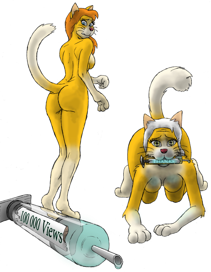 2009 all_fours anthro bendzz breasts butt duo felid feline female hair hi_res implied_transformation looking_at_viewer mammal nude raised_tail simple_background standing syringe white_background