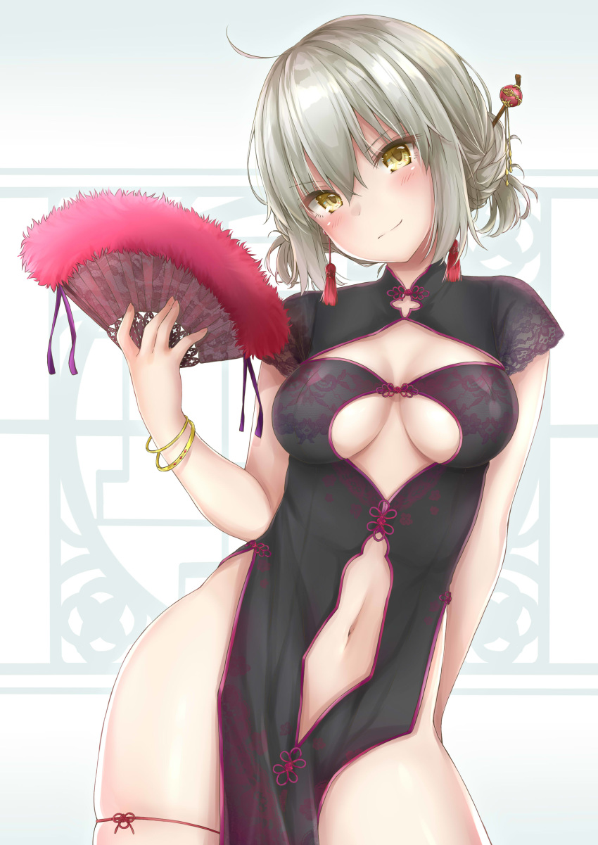 1girl absurdres ahoge bangs black_dress blush breasts china_dress chinese_clothes commentary_request dress eyebrows_visible_through_hair fan fate/grand_order fate_(series) fur_trim highres jeanne_d'arc_(alter)_(fate) jeanne_d'arc_(fate)_(all) large_breasts looking_at_viewer mikujin_(mikuzin24) navel no_panties pixiv_fate/grand_order_contest_1 revealing_clothes short_hair silver_hair smile solo yellow_eyes