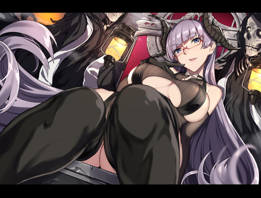 1girl azur_lane bangs bare_shoulders black_footwear black_gloves black_legwear black_leotard blue_eyes blunt_bangs blush boots breasts covered_nipples demon_horns elbow_gloves eyebrows_visible_through_hair glasses gloves gneisenau_(azur_lane) gneisenau_(nightmarish_succubus)_(azur_lane) halloween_costume hand_on_own_chest head_tilt horns large_breasts leotard long_hair looking_at_viewer open_mouth pubic_hair pubic_hair_peek purple_hair rectangular_eyewear red-framed_eyewear sblack see-through skeleton skindentation smile solo thigh_boots thighhighs underboob underboob_cutout very_long_hair