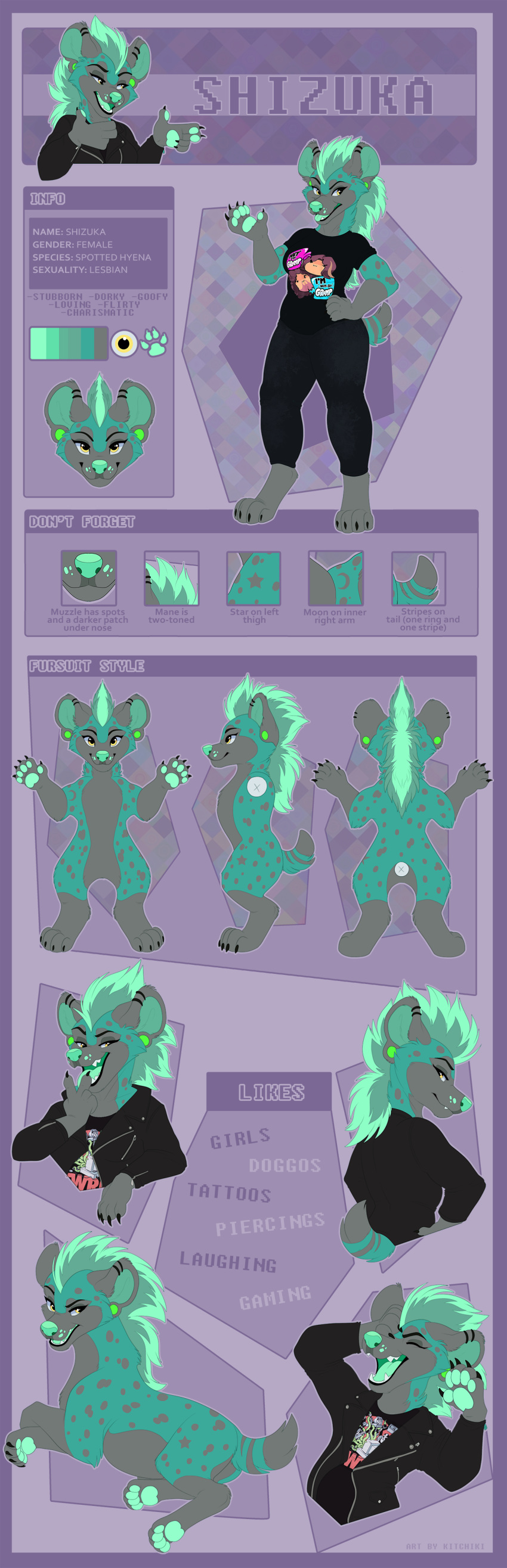 4_toes 5_fingers absurd_res anthro barefoot black_lips breasts clothed clothing eyebrows eyelashes female fingers green_hair green_nose hair hi_res hyaenid kitchiki lips mammal model_sheet open_mouth solo spotted_hyena standing teeth toes tongue