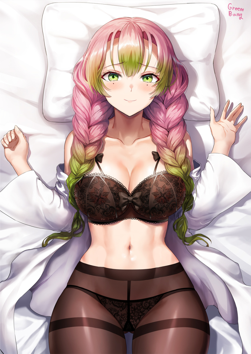 1girl artist_name ass_visible_through_thighs bangs black_bra black_panties blush bow bow_bra bra braid breasts cleavage closed_mouth collarbone furrowed_eyebrows gradient_hair greem_bang green_eyes green_hair groin hands_up haori highres japanese_clothes kanroji_mitsuri kimetsu_no_yaiba lace lace-trimmed_bra lace-trimmed_panties large_breasts lips long_hair looking_at_viewer lowleg lowleg_panties lying mole mole_under_eye multicolored_hair navel off_shoulder on_back panties panties_under_pantyhose pantyhose pink_hair sidelocks skindentation smile solo stomach string_panties thighband_pantyhose thighs toned twin_braids two-tone_hair underwear