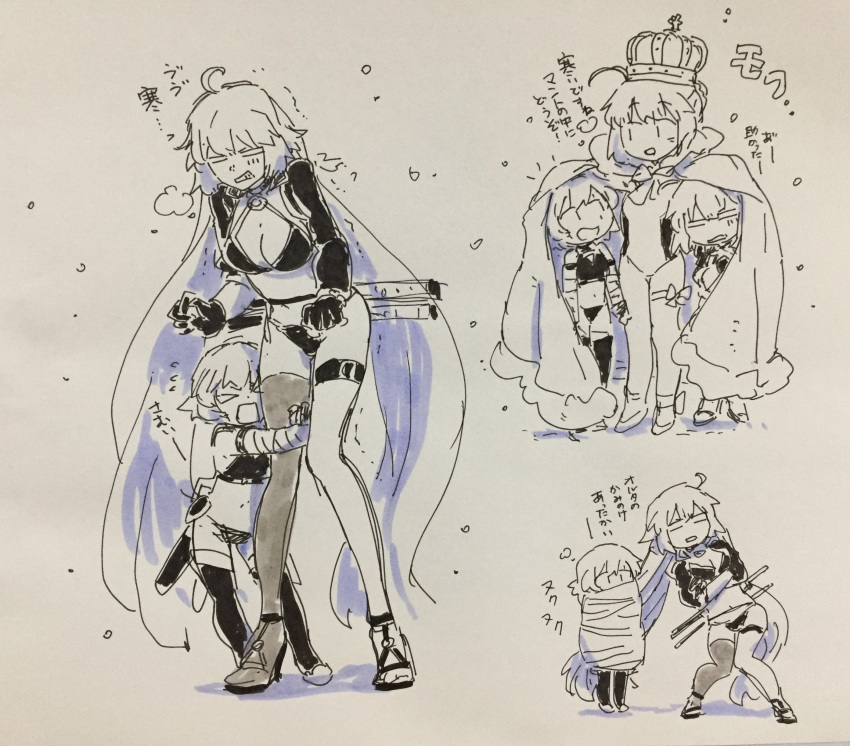 &gt;_&lt; 3girls :d absurdres ahoge artoria_pendragon_(all) artoria_pendragon_(swimsuit_archer) asaya_minoru bandaged_arm bandages bangs bare_shoulders bikini boots breasts cleavage clenched_teeth cloak closed_eyes crossed_arms crown eyebrows_visible_through_hair fate/apocrypha fate/grand_order fate_(series) flying_sweatdrops fur-trimmed_cloak fur_trim gloves grey_background high_heels highres jack_the_ripper_(fate/apocrypha) jeanne_d'arc_(alter)_(fate) jeanne_d'arc_(fate)_(all) katana leg_hug long_hair long_sleeves medium_breasts multiple_girls navel open_mouth panties shadow sheath sheathed shirt shrug_(clothing) single_thighhigh sketch sleeveless sleeveless_shirt smile standing swimsuit sword teeth thigh_boots thighhighs traditional_media translation_request trembling twintails underwear very_long_hair weapon