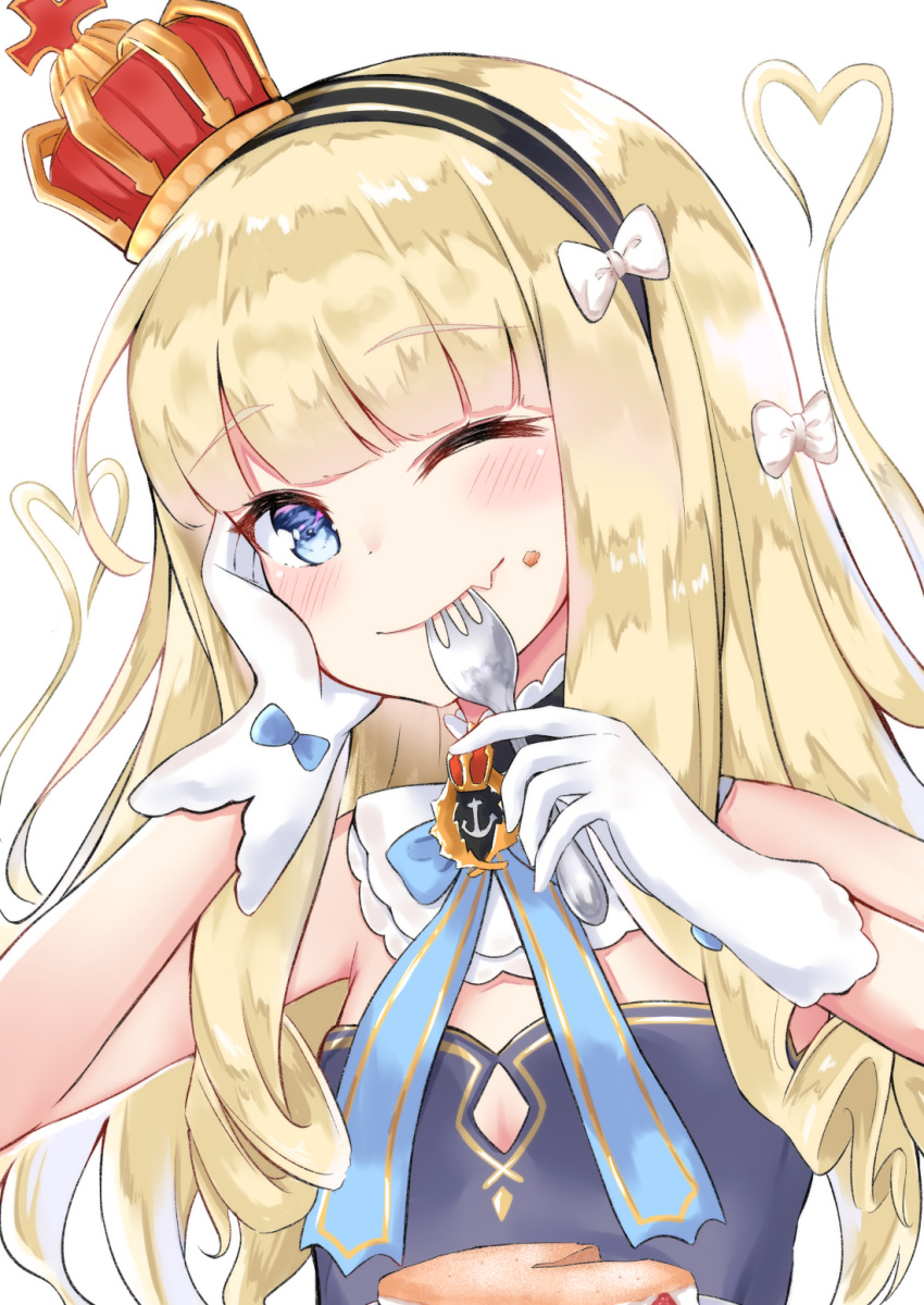 1girl ;) anchor_symbol azur_lane bangs bare_shoulders black_hairband blonde_hair blue_bow blue_dress blue_eyes bow breasts closed_mouth commentary_request crown dress eating eyebrows_visible_through_hair fang fang_out food food_on_face fork fork_in_mouth gloves hair_bow hairband hand_on_own_face head_tilt heart heart_hair highres holding holding_fork koda_(k-works) long_hair mini_crown one_eye_closed queen_elizabeth_(azur_lane) simple_background small_breasts smile solo strapless strapless_dress tilted_headwear upper_body white_background white_bow white_gloves