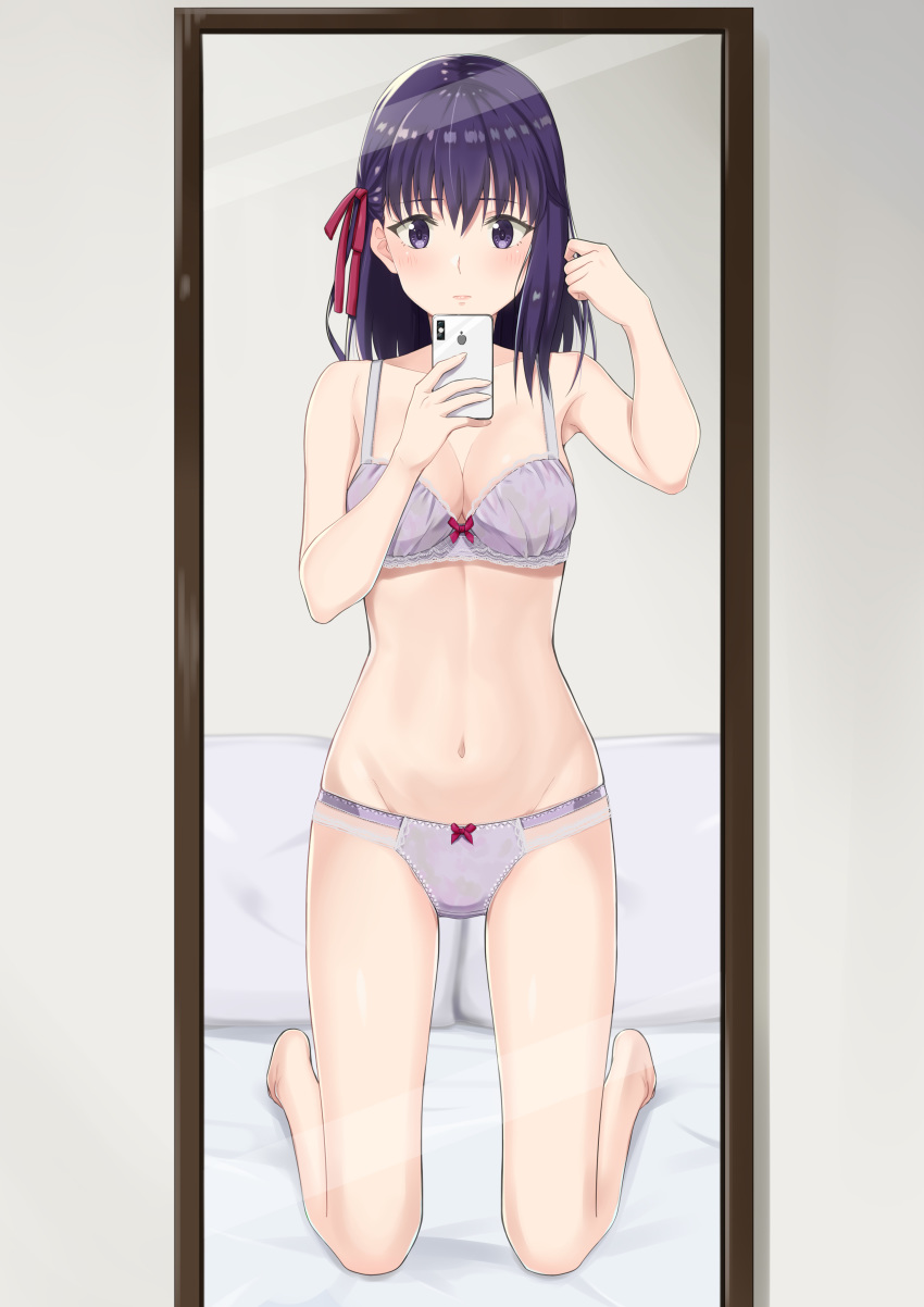 1girl absurdres barefoot bed_sheet bow bow_bra bow_panties bra braid breasts cellphone cleavage collarbone fate/stay_night fate_(series) full_body groin hair_ribbon hand_in_hair highres holding holding_phone iphone k-ya. kneeling long_hair matou_sakura medium_breasts mirror navel on_bed panties phone pillow purple_bra purple_eyes purple_hair purple_panties red_ribbon ribbon shiny shiny_hair sideboob smartphone solo underwear underwear_only