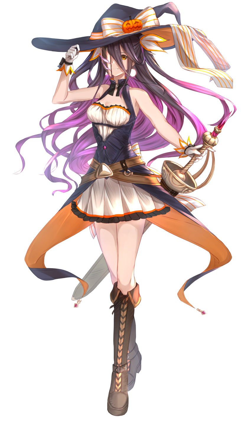 1girl alternate_costume black_hair boots breasts cleavage_cutout dress granblue_fantasy half_mask halloween_costume hat highres long_hair medium_breasts resuta rosamia_(granblue_fantasy) sword weapon white_background witch_hat yellow_eyes