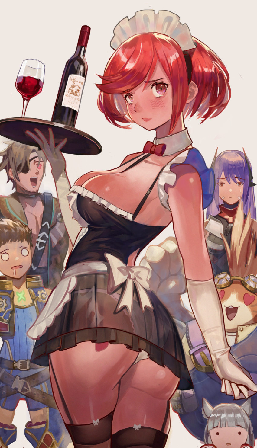 3boys 3girls alcohol apron blush bottle breasts character_request hana_(xenoblade) hana_jd highres homura_(xenoblade_2) looking_back maid maid_apron maid_headdress multiple_boys multiple_girls nintendo niyah panties red_eyes red_hair rex_(xenoblade_2) smile tora_(xenoblade) tray underwear vic wine wine_bottle xenoblade_(series) xenoblade_2 zeke_b_arutimetto_genbu