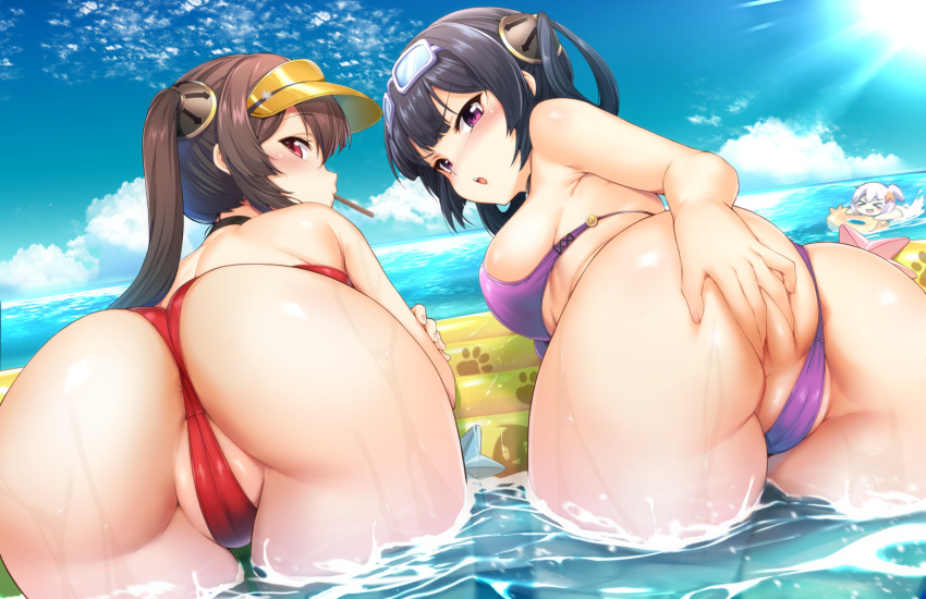 3girls ahoge alternate_costume anus_peek armpits ass ass_focus ass_grab azur_lane back bangs beach bikini black_hair blue_sky blush breasts brown_hair cameltoe choker cloud day dutch_angle eyebrows_visible_through_hair eyewear_on_head from_behind goggles goggles_on_head grabbing_own_ass hair_ornament hair_rings hairband hat inflatable_raft innertube ipuu_(el-ane_koubou) long_hair looking_at_viewer looking_back medium_breasts mouth_hold multiple_girls ning_hai_(azur_lane) ning_hai_(summer_hunger)_(azur_lane) ocean open_mouth outdoors partially_visible_anus partially_visible_vulva ping_hai_(azur_lane) ping_hai_(merry_summer)_(azur_lane) pink_eyes popsicle_stick purple_bikini purple_eyes pussy_peek red_bikini red_eyes revision shoulder_blades sky splashing sun sunglasses sunlight swimsuit take_your_pick thighs twintails twisted_torso universal_bullin_(azur_lane) v-shaped_eyebrows visor_cap wading water wet