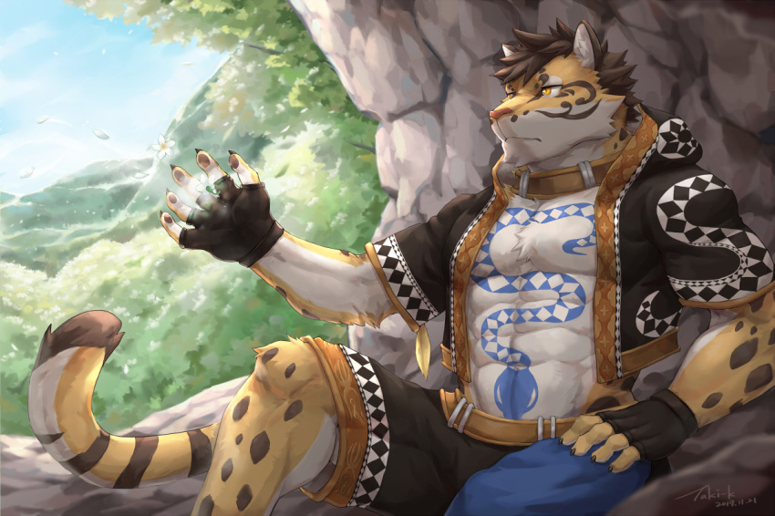 2017 5_fingers abs anthro biped brown_hair cave claws clothed clothing clouded_leopard collar felid fingers fur hair leopard likulau male mammal multicolored_body multicolored_fur muscular muscular_male nekojishi outside pantherine pecs short_hair sitting solo spots taki_kaze tattoo