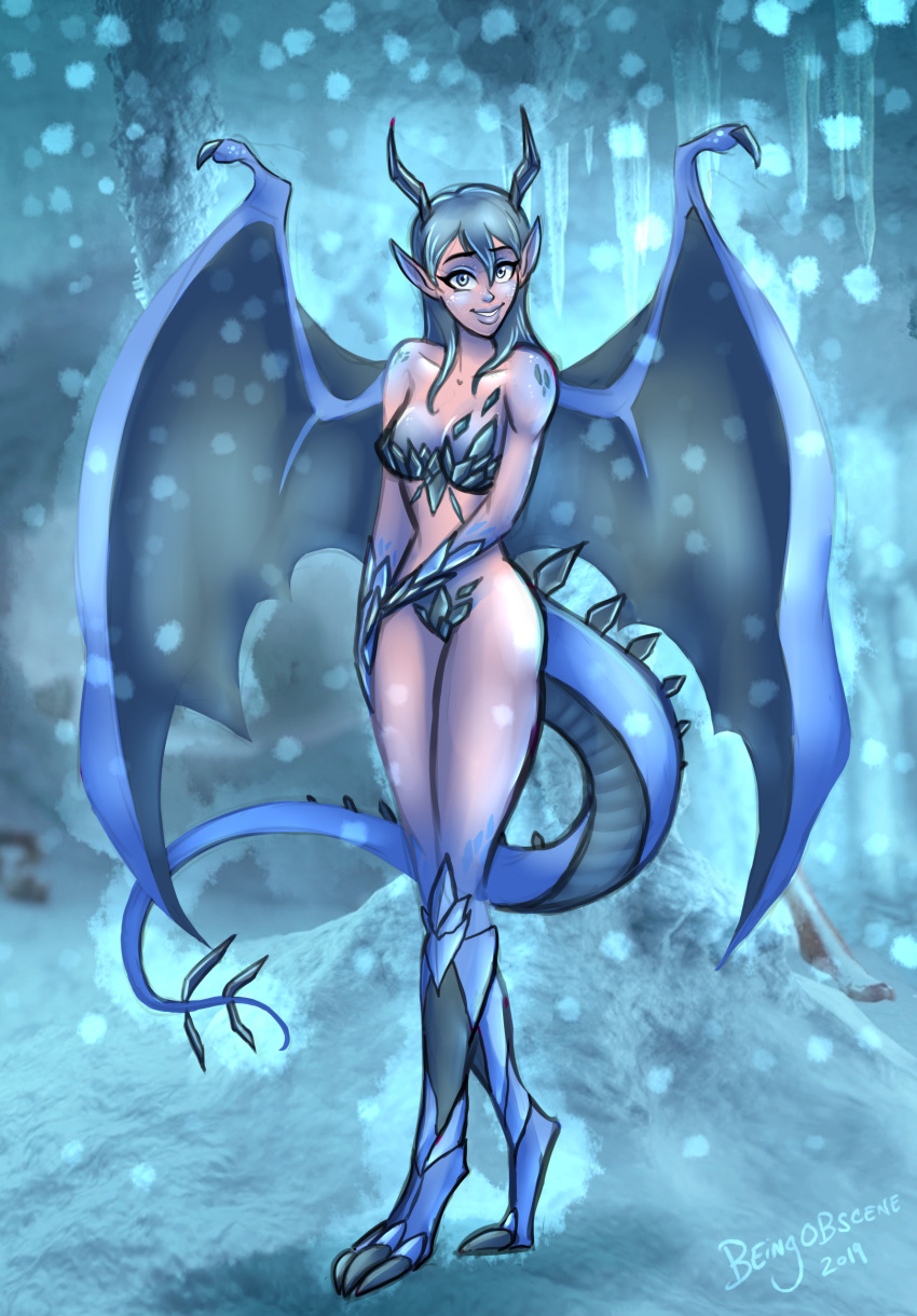 2019 absurd_res animal_humanoid beingobscene blue_eyes blue_lips breasts dragon dragon_humanoid female hi_res horn humanoid humanoid_pointy_ears lips looking_at_viewer membrane_(anatomy) membranous_wings photo_background skaoi_(dragonofbrainstorm) smile snow solo standing wings