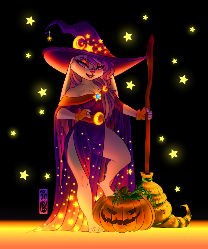 2019 anthro barefoot black_background breasts broom buckteeth cheek_tuft claws clothing disney dress face_tuft fan_character female fingerless_gloves fur gloves hair halloween hand_on_hip handwear hat headgear headwear hi_res holding_object holidays jack-o'-lantern lagomorph leporid light lighting looking_at_viewer mammal open_mouth open_smile purple_eyes purple_hair rabbit simple_background smile solo standing star teeth thewinterbunny toe_claws tuft white_body white_fur witch_hat zootopia
