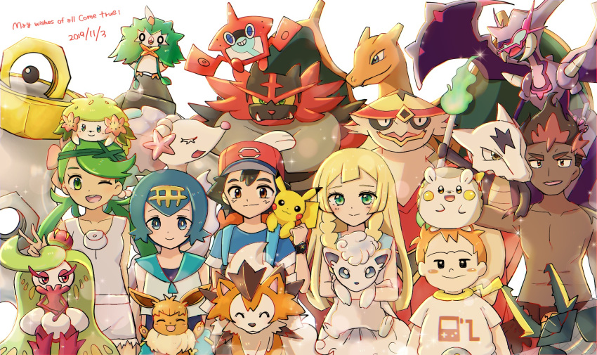 3boys 3girls alolan_marowak alolan_vulpix charizard eevee highres incineroar kaki_(pokemon) lillie_(pokemon) lycanroc mamane_(pokemon) mao_(pokemon) marowak melmetal multiple_boys multiple_girls naganadel pokemon pokemon_(anime) pokemon_sm_(anime) primarina rotom rotom_dex rowlet satoshi_(pokemon) shaymin suiren_(pokemon) togedemaru tsareena turtonator vikavolt vulpix