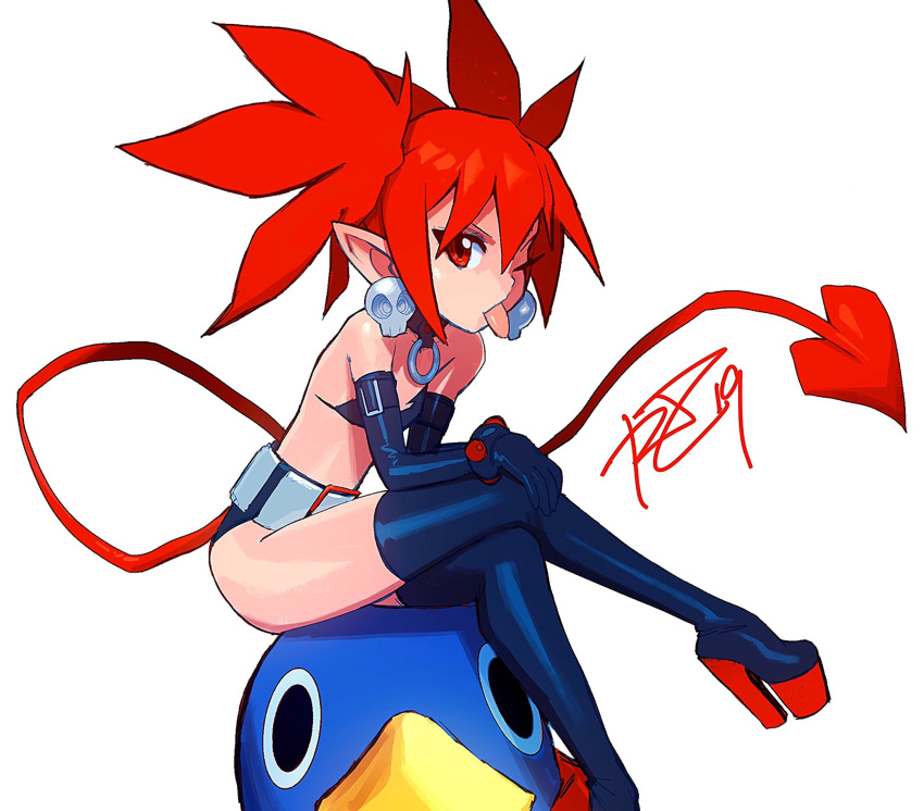 1girl 1other ;p bird black_footwear black_gloves black_panties boots choker crossed_legs demon_tail disgaea earrings elbow_gloves etna flat_chest gloves high_heel_boots high_heels highres jewelry makai_senki_disgaea o-ring o-ring_choker one_eye_closed panties penguin platform_footwear platform_heels pointy_ears prehensile_tail prinny red_eyes red_hair robert_porter sitting sitting_on_person skull_earrings solo_focus studded_bracelet tail thigh_boots thighhighs tongue tongue_out twintails underwear