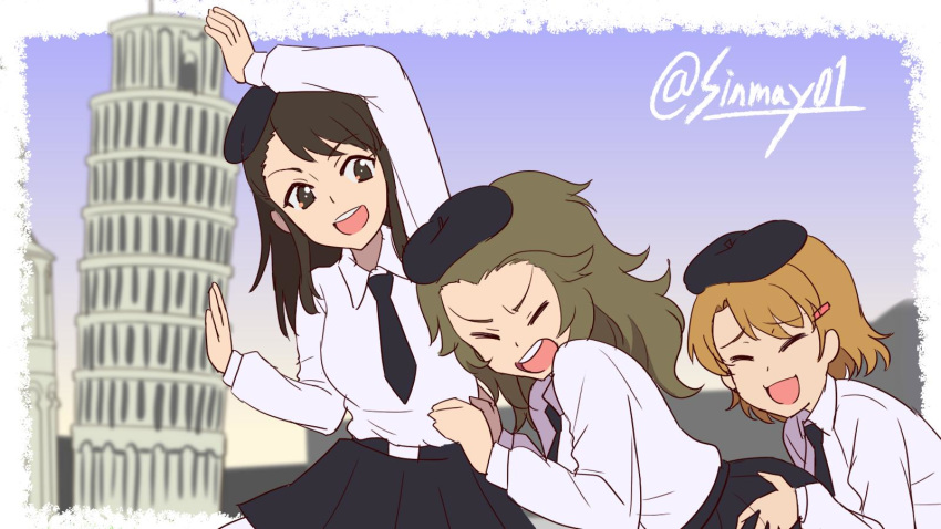 3girls amaretto_(girls_und_panzer) anzio_school_uniform beret black_headwear black_neckwear black_skirt blue_sky blurry blurry_background brown_hair closed_eyes commentary day depth_of_field dress_shirt gelato_(girls_und_panzer) girls_und_panzer hair_ornament hairclip hands_on_another's_back hat highres landmark leaning_to_the_side leaning_tower_of_pisa long_hair long_sleeves looking_at_viewer miniskirt multiple_girls necktie open_mouth outdoors panettone_(girls_und_panzer) perspective pleated_skirt pose school_uniform shinmai_(kyata) shirt short_hair skirt sky smile standing twitter_username white_shirt