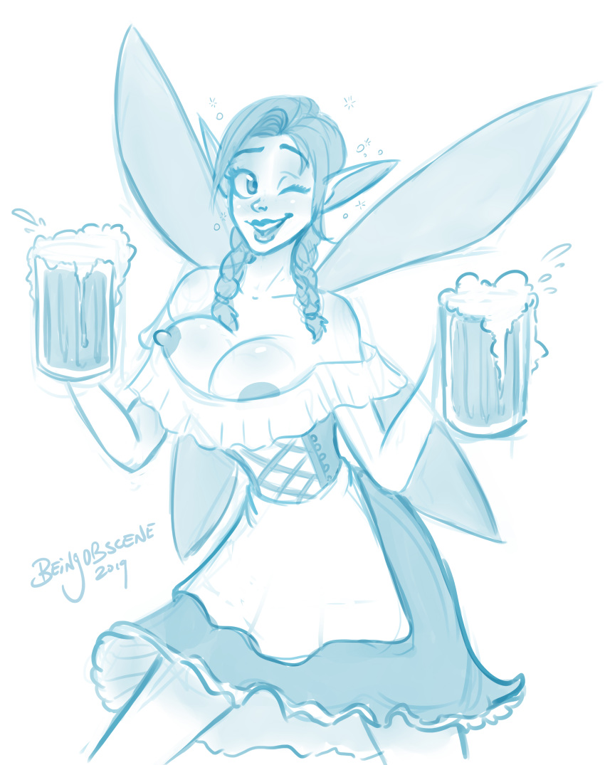 2019 absurd_res alcohol apron beer beingobscene beverage braided_hair breasts clothing corset dress fairy female hair hi_res humanoid humanoid_pointy_ears lingerie monochrome nipples one_eye_closed smile solo winged_humanoid wings
