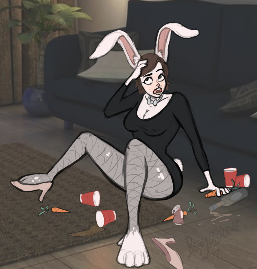2017 absurd_res anthro beingobscene bow_tie breasts brown_hair carrot clothing female fishnet food footwear furniture green_eyes hair hi_res high_heels lagomorph leporid mammal nipple_outline open_mouth photo_background plant rabbit shirt shoes sitting sofa solo surprise topwear transformation vegetable