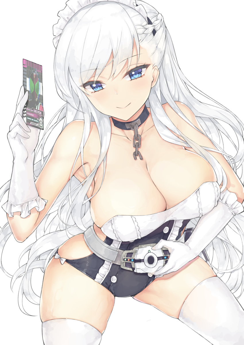 1girl absurdres adapted_costume azur_lane bangs belfast_(azur_lane) belt blue_eyes breasts chain cleavage collar eyebrows_visible_through_hair frilled_gloves frills gloves highres jyt kamen_rider kamen_rider_dcd kamen_rider_decade large_breasts looking_at_viewer one-piece_swimsuit revealing_clothes smile solo strapless strapless_swimsuit swept_bangs swimsuit thighhighs white_background white_gloves white_hair white_legwear